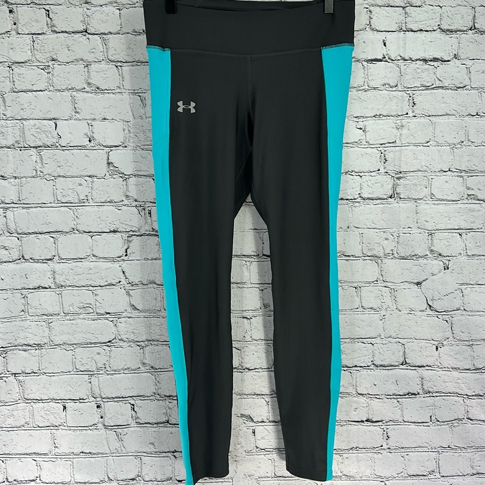 🏷️ UNDER ARMOUR Mileage Heatgear Compression Tights LARGE Gray/Aqua Blue EUC - Picture 2 of 9